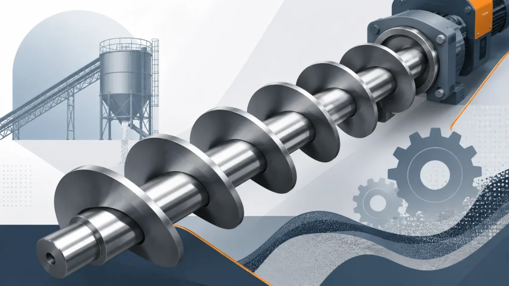 Helicoide industrial em espiral de aço usado como rosca transportadora para mover materiais a granel